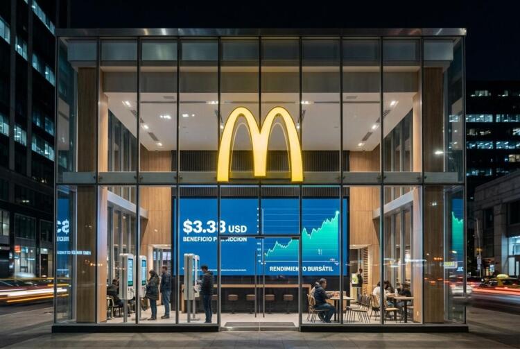 Fachada de cristal de un local de McDonald's con pantalla interior que muestra gráficos.