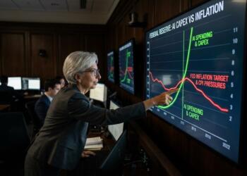 Mujer señala una pantalla con gráficos sobre gasto en inteligencia artificial e inflación.