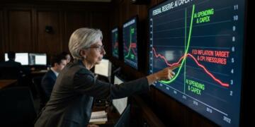 Mujer señala una pantalla con gráficos sobre gasto en inteligencia artificial e inflación.