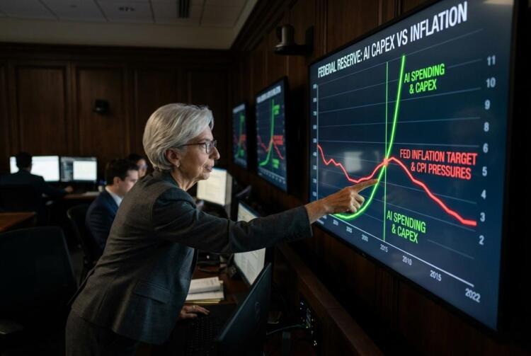 Mujer señala una pantalla con gráficos sobre gasto en inteligencia artificial e inflación.