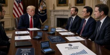 Donald Trump y asesores participan en una reunión con documentos e informes sobre criptomonedas.