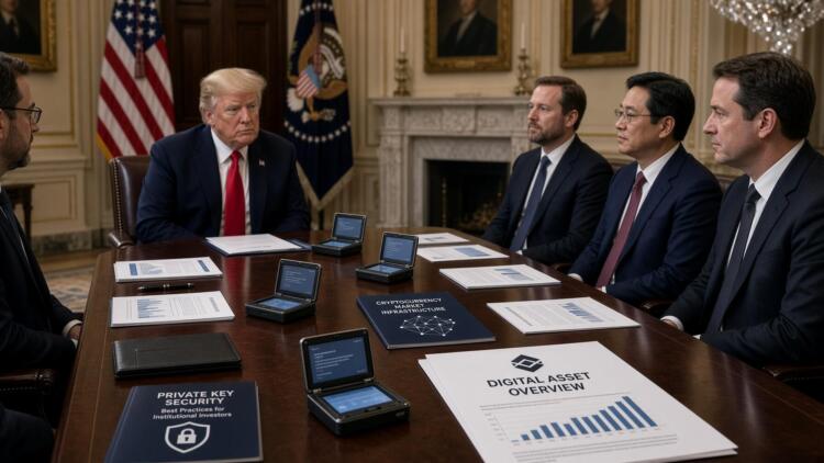 Donald Trump y asesores participan en una reunión con documentos e informes sobre criptomonedas.