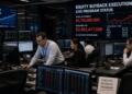 Operadores analizan pantallas de datos con un panel de ejecución de recompras de acciones.