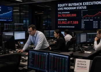 Operadores analizan pantallas de datos con un panel de ejecución de recompras de acciones.