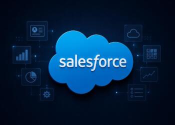 Logo de Salesforce rodeado de elementos digitales de software