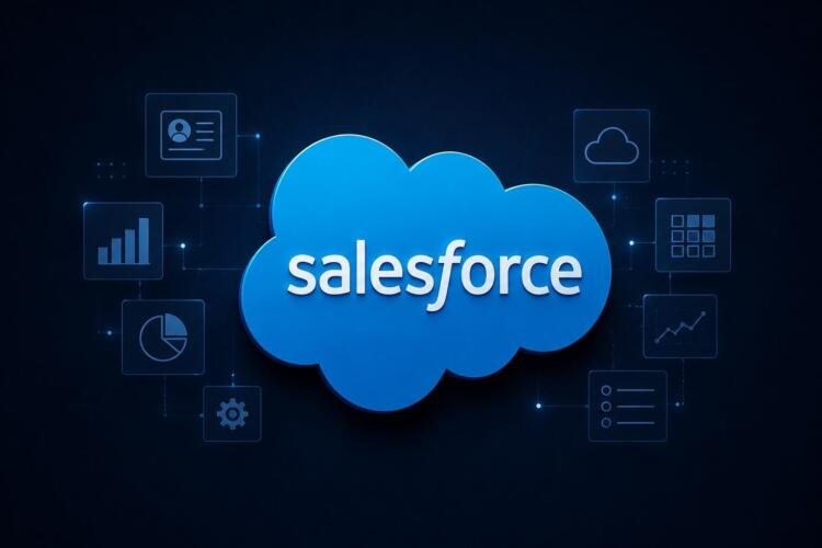 Logo de Salesforce rodeado de elementos digitales de software