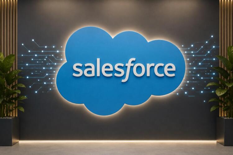Logo de Salesforce en un entorno tecnológico corporativo moderno.