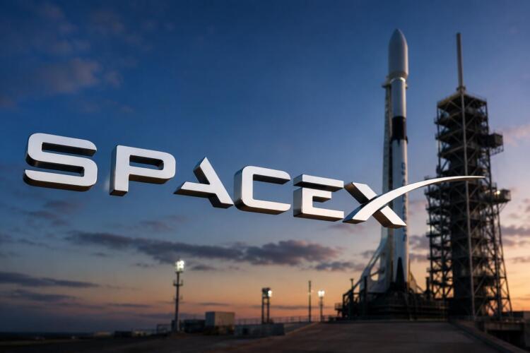 Logotipo de SpaceX frente a una plataforma de lanzamiento.