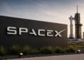 Logo de SpaceX junto a una plataforma de lanzamiento espacial.