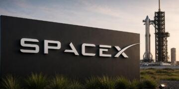 Logo de SpaceX junto a una plataforma de lanzamiento espacial.