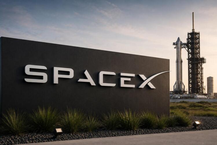 Logo de SpaceX junto a una plataforma de lanzamiento espacial.