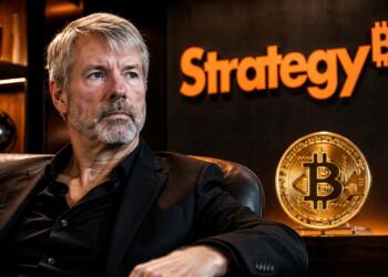 Michael Saylor junto al logo de Strategy y un símbolo de Bitcoin.