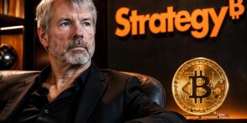 Michael Saylor junto al logo de Strategy y un símbolo de Bitcoin.