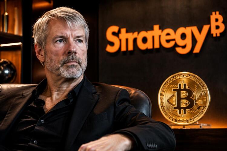 Michael Saylor junto al logo de Strategy y un símbolo de Bitcoin.