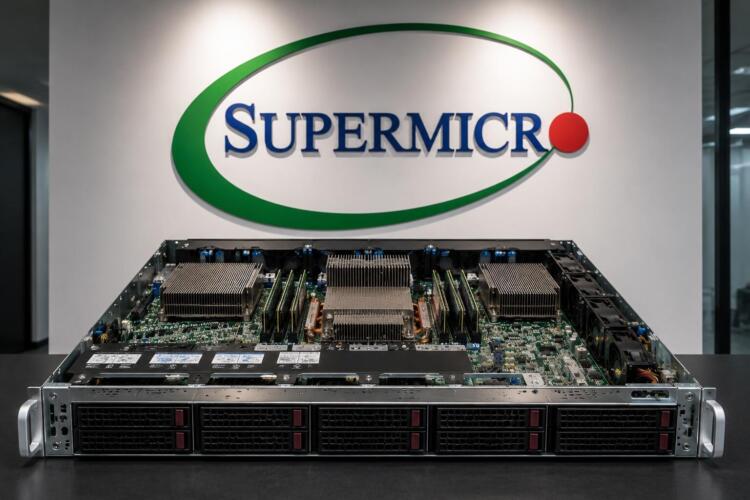 Servidor de Super Micro frente al logotipo de la compañía.
