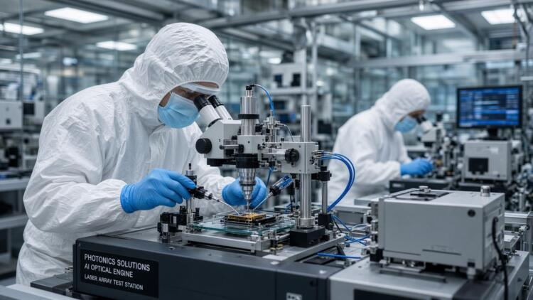 Técnico con traje especializado opera un microscopio y láser en una estación de fotónica.