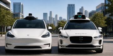 Dos robotaxis de Tesla y Waymo frente a un moderno entorno urbano.