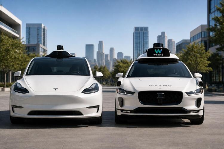 Dos robotaxis de Tesla y Waymo frente a un moderno entorno urbano.