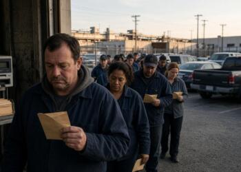 Trabajadores formados sostienen sobres de pago a la salida de una planta industrial.