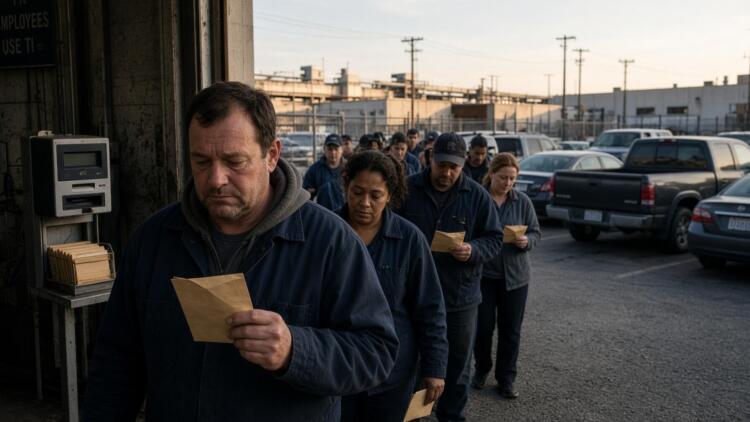 Trabajadores formados sostienen sobres de pago a la salida de una planta industrial.