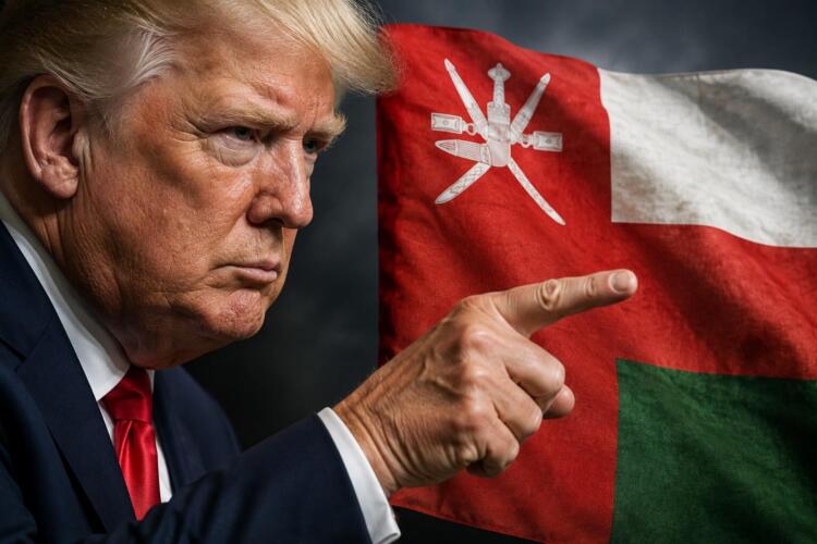 Donald Trump señala hacia la bandera de Omán en tono de amenaza.