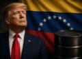 Donald Trump junto a la bandera de Venezuela y un barril de petróleo.