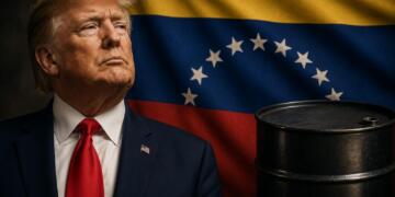 Donald Trump junto a la bandera de Venezuela y un barril de petróleo.