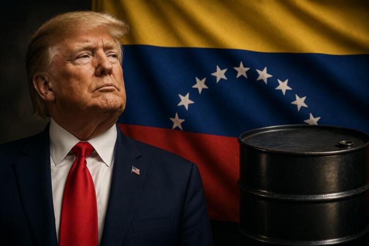 Donald Trump junto a la bandera de Venezuela y un barril de petróleo.