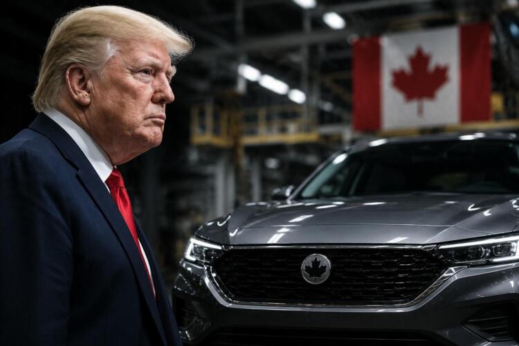 Donald Trump junto a un automóvil canadiense en una fábrica industrial.