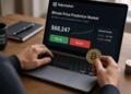 Persona usa un portátil con una plataforma de Polymarket y sostiene una moneda de Bitcoin.