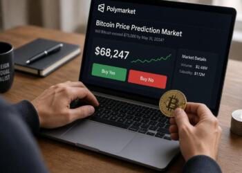 Persona usa un portátil con una plataforma de Polymarket y sostiene una moneda de Bitcoin.