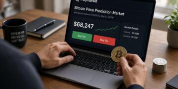 Persona usa un portátil con una plataforma de Polymarket y sostiene una moneda de Bitcoin.