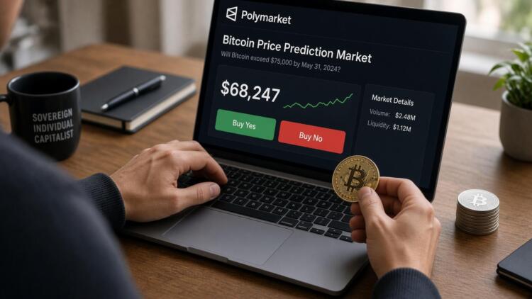 Persona usa un portátil con una plataforma de Polymarket y sostiene una moneda de Bitcoin.