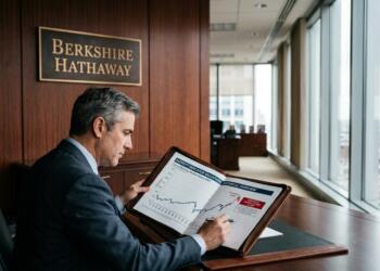 Hombre de traje en oficina de Berkshire Hathaway revisa un libro con gráficos de valoración.