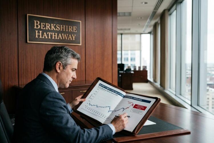 Hombre de traje en oficina de Berkshire Hathaway revisa un libro con gráficos de valoración.