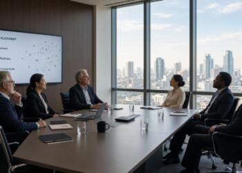 Equipo directivo en una sala de juntas con grandes ventanales y una pantalla corporativa.