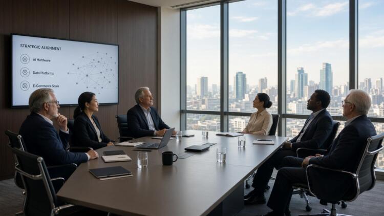 Equipo directivo en una sala de juntas con grandes ventanales y una pantalla corporativa.