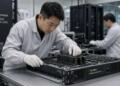 Técnico con guantes ensambla componentes en un servidor Nvidia GB200 NVL72 en una planta.