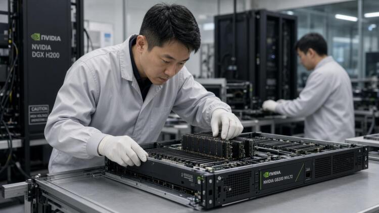Técnico con guantes ensambla componentes en un servidor Nvidia GB200 NVL72 en una planta.