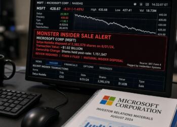Pantalla que muestra una alerta de venta interna de acciones de Microsoft por parte de CEO.