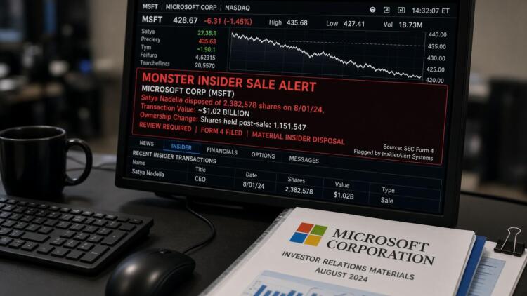 Pantalla que muestra una alerta de venta interna de acciones de Microsoft por parte de CEO.
