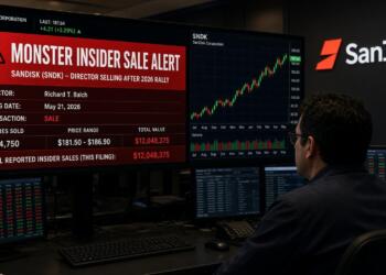 Operador revisa una pantalla con una alerta de venta interna de acciones de SanDisk.