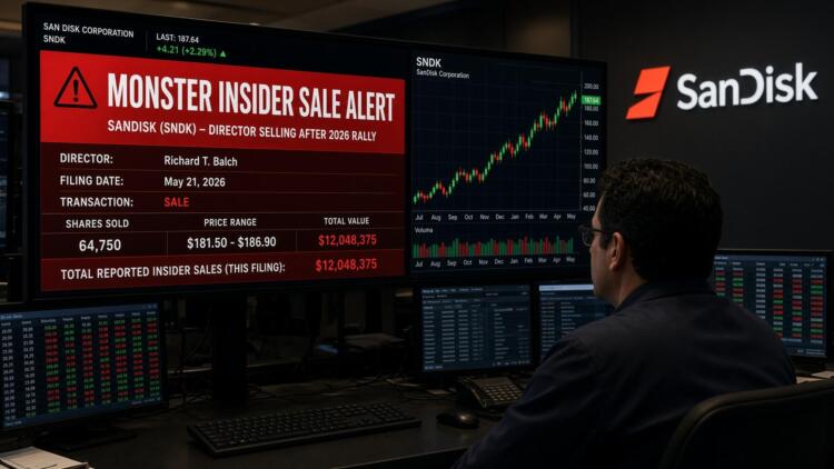 Operador revisa una pantalla con una alerta de venta interna de acciones de SanDisk.