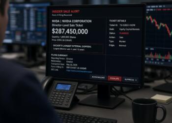 Operador revisa una pantalla con una alerta de venta interna de acciones de Nvidia.