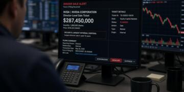 Operador revisa una pantalla con una alerta de venta interna de acciones de Nvidia.