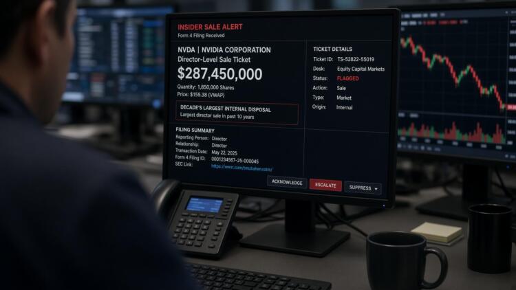 Operador revisa una pantalla con una alerta de venta interna de acciones de Nvidia.