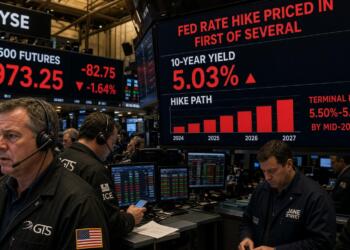 Operadores en la bolsa observan pantallas con gráficos sobre el alza de tasas de la Fed.