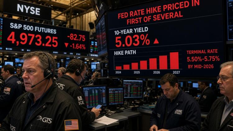 Operadores en la bolsa observan pantallas con gráficos sobre el alza de tasas de la Fed.
