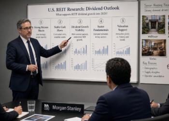 Presentador de Morgan Stanley muestra gráficos sobre REIT inmobiliarios a ejecutivos.