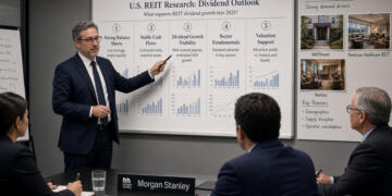 Presentador de Morgan Stanley muestra gráficos sobre REIT inmobiliarios a ejecutivos.